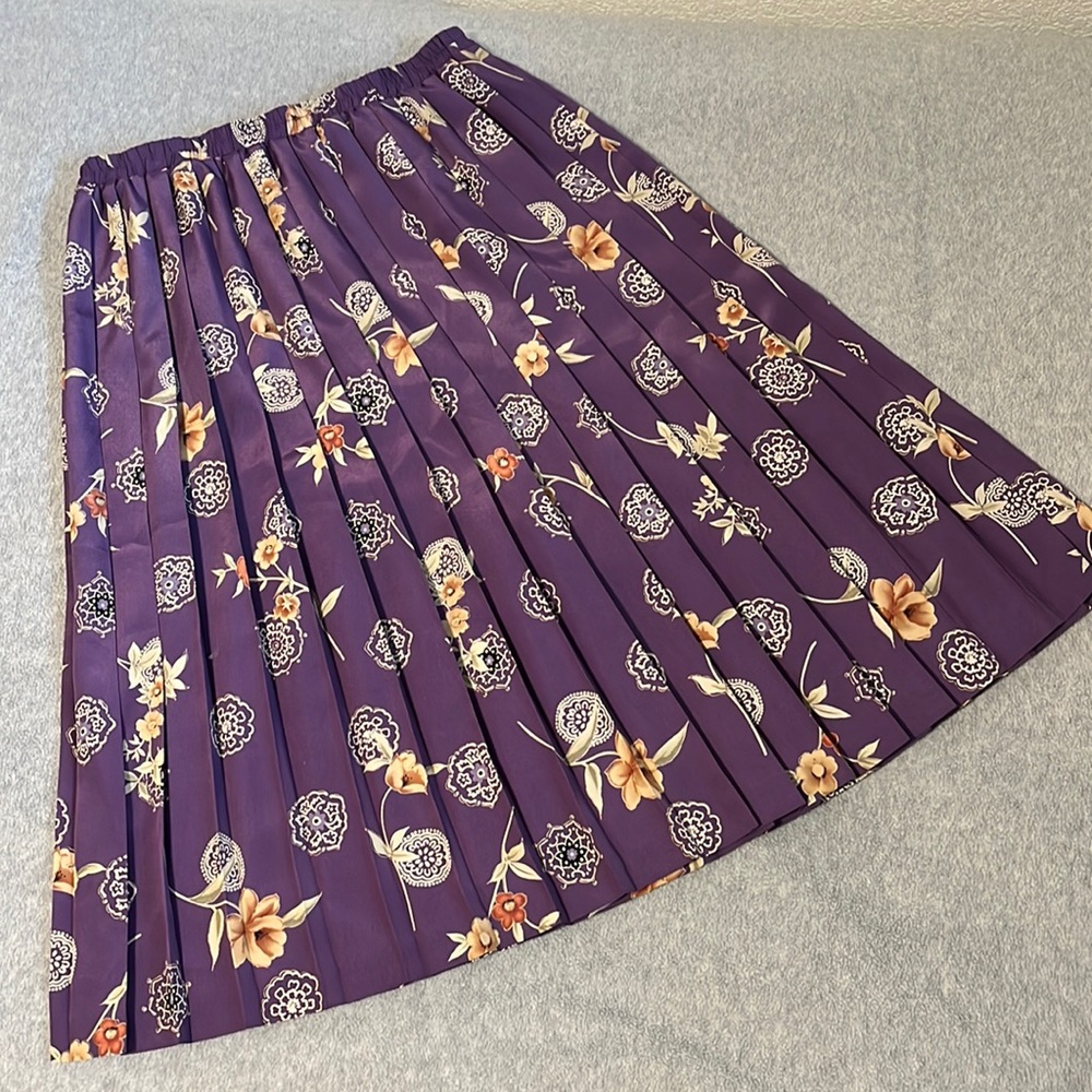 Vintage Y2K 90s Pleated Midi Skirt Purple Floral Grunge Grandma Modest